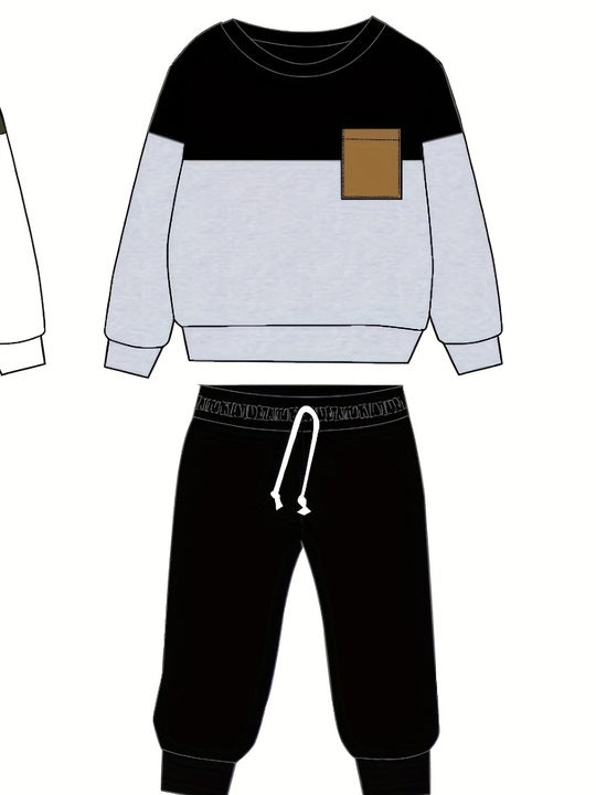 Casual Winter Kids Sweatshirt Set Double Patchwork Color Sweatshirt Pants Fashionable 2-Piece Cotton Baby Clothing