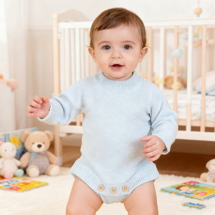 Pinuotu Ivory Baby Bubble Romper Blank Vintage Chunky Knit Sweater Onesies Personalized Custom Button Kids Knitwear