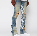 Vintage stacked denim pants wholesale custom slim fit prints ripped stacked jeans men flare