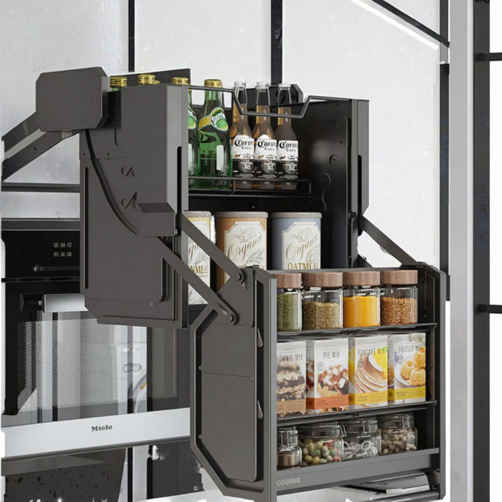 Magic Double-Tiered Metal Pantry Cabinet Modern Lift Kitchen Basket Storage Elevator for Tools Spices Food Tableware