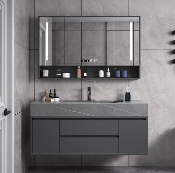 Modern Grey Bathroom Vanity Set with LED Mirror Storage and Seamless Washbasin Bathroom Vanity Lighting