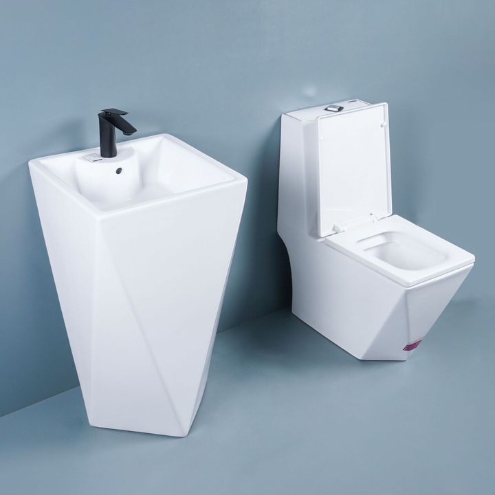 Modern Diamond Design One Piece Ceramic Toilet and Pedestal Basin Sink Set for Hotel Washroom Luxury WC