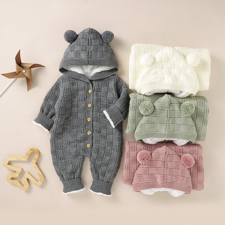 Mimixiong Ins Baby Romper Clothes Knitted Newborn Bebes Solid Color Hooded Overalls Fleece Long Sleeve Infant Winter Outfits