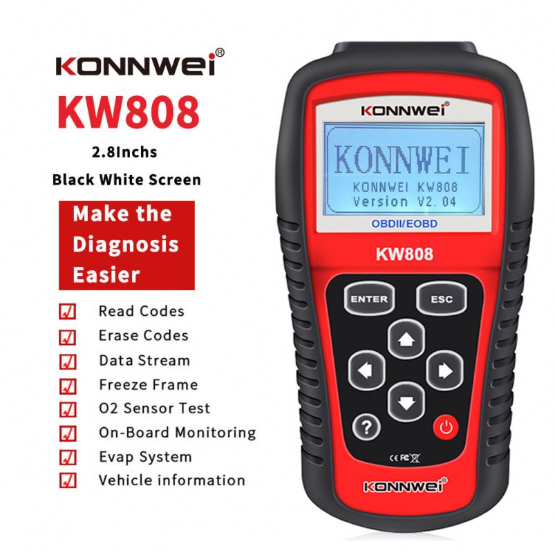 Automotive ECU Code Reader O2 Sensor EVAP Testing Equipment with DTC Lookup OBD2 Scanner Car Diagnostic Tools Konnwei KW808