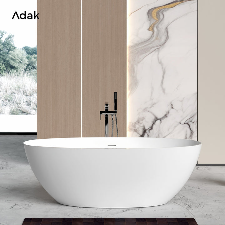 Solid Surface Portable Indoor Soaking Bathtub with Drainer Non-Slip Bottom Freestanding Oval Shape