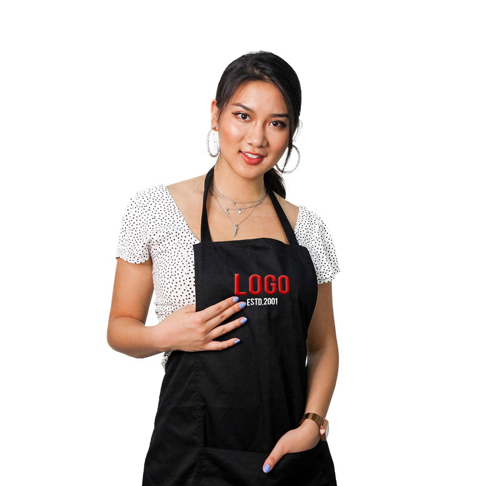Wholesale Custom Embroidered Logo Cotton Polyester Waterproof Chef Cooking Aprons For Cafe Restaurants Kitchen Apron