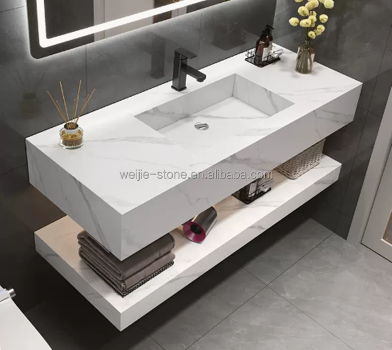 Modern Sintered Stone style bathroom vanity sink with marble top, bathroom mirror vanity