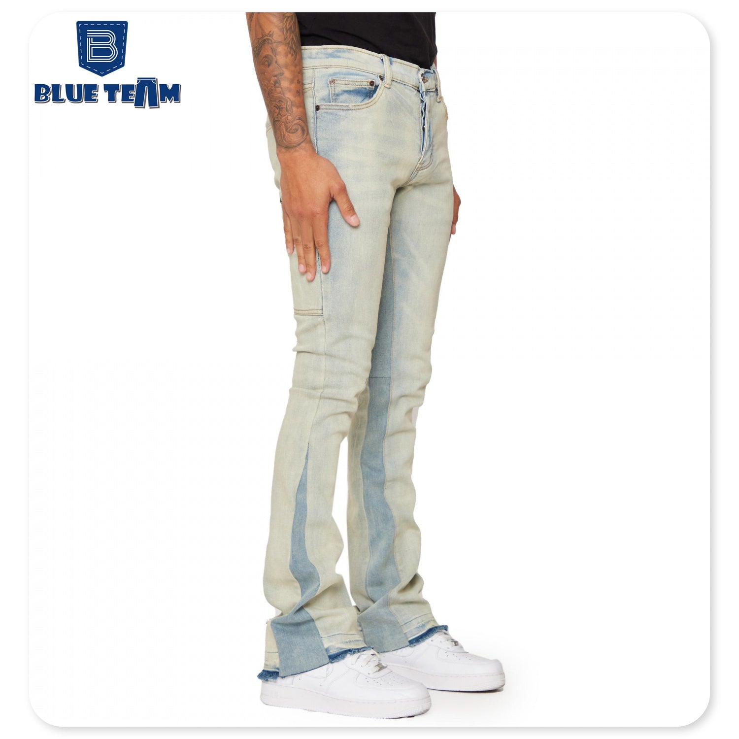 Blue Team | Custom denim jeans manufacture vintage distressed washed flare jeans mens pants skinny stacked denim streetwear