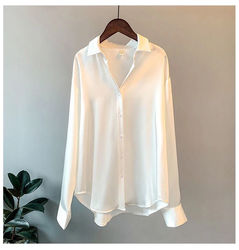 Breathable Solid Silk Women Blouse Ladies Long Sleeve Satin Shirts V Neck Office White Blouse Shirt Women Tops