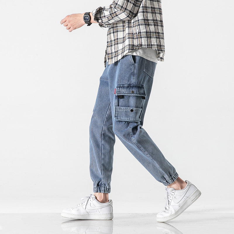 casual young style jeans pants for men middle waist slim pockets mens denim trousers 2021 fall casual streetwear