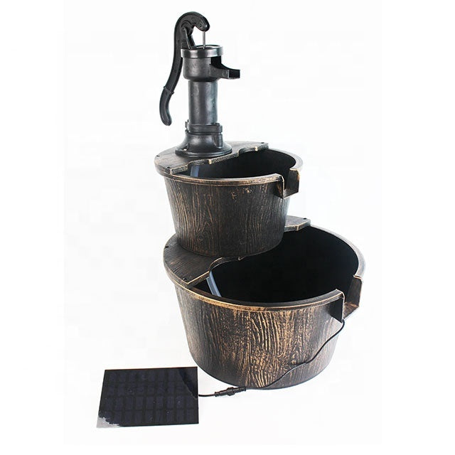 2021 Hot Home Garten jardin Garden Outdoor Solar Pump 2 Tiers Rustic Barrel Water Fountain