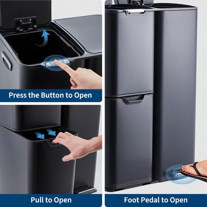 60L Triple 3 Compartment Stainless Recycling Bins with Pedal Press Button on Top Recycle Bin Eco-friendly Recycling Solution