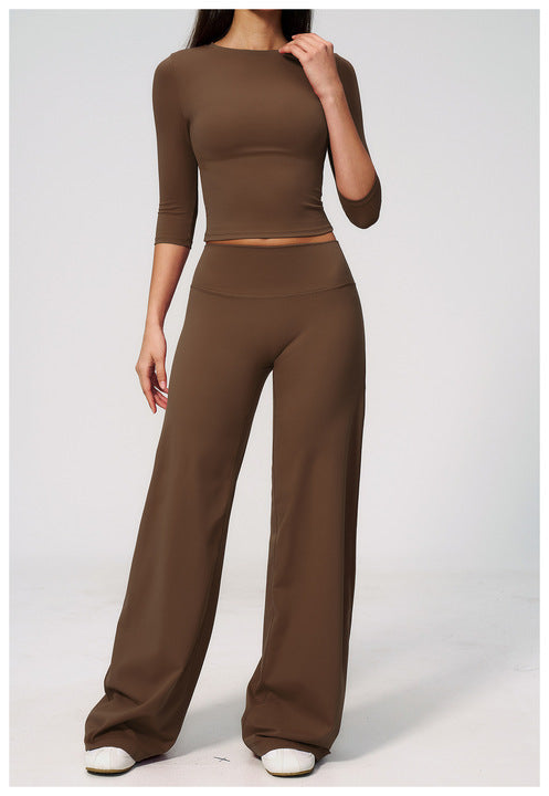 High-End Yoga Outfit Set Women High-Waisted Relaxed Fit Turned-Over Sweat-Wicking 2-Piece Spandex/Nylon Workout