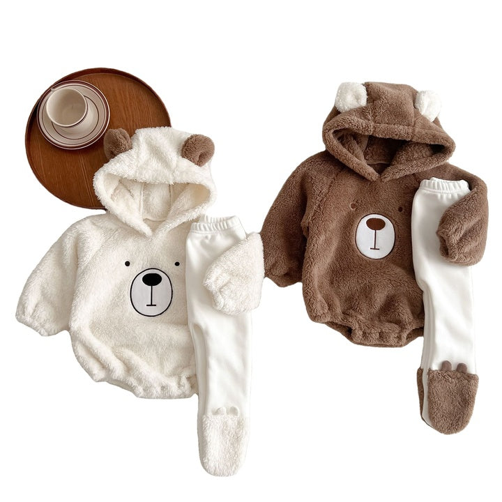 Ins Autumn Winter Newborn Toddler Bear Long Sleeve Thick Hooded Romper Outfits Baby Bodysuit