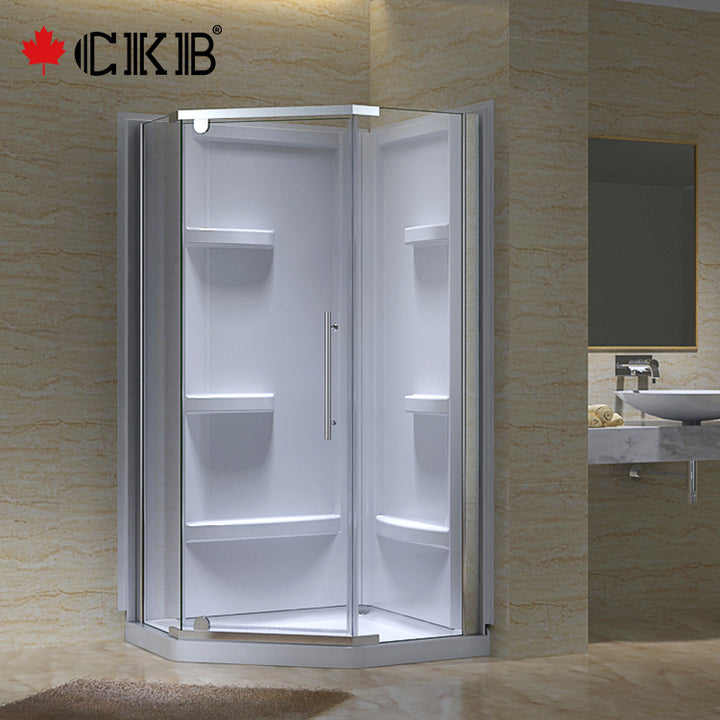 CKB Modern Straight Freestanding Tempered Glass Neo Angle Semi-Frameless Pivot Aluminum Shower Enclosure