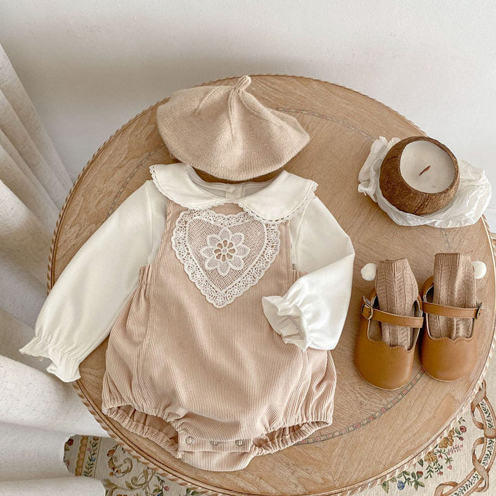 Spring Autumn Newborn Infant Toddler Clothing Turn-Down Collar Top Ribbed Cotton Romper Baby Girls Clothes Set