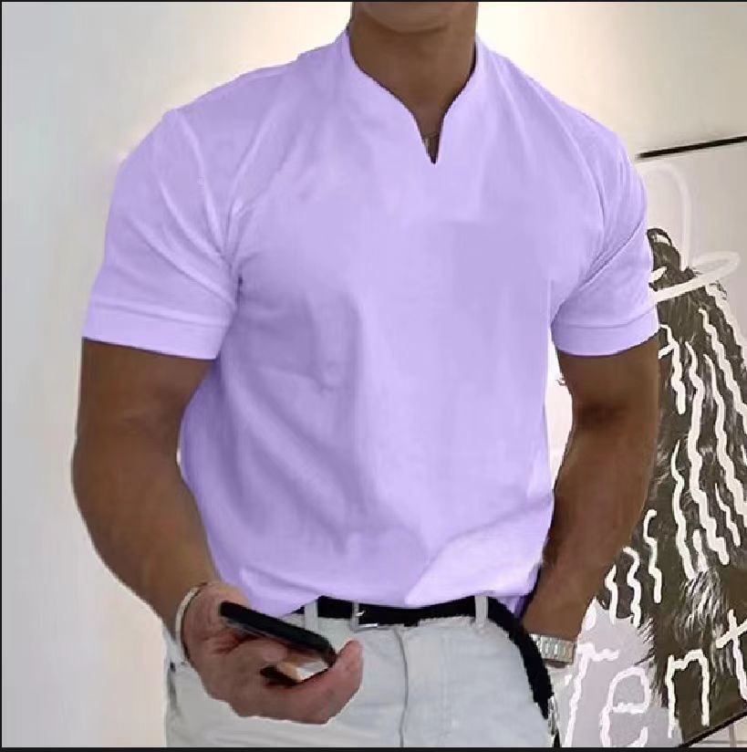 Muscular men's fitness plus-size sports t-shirt men's stretch cotton pocket short-sleeved summer V-neck Polo shirt