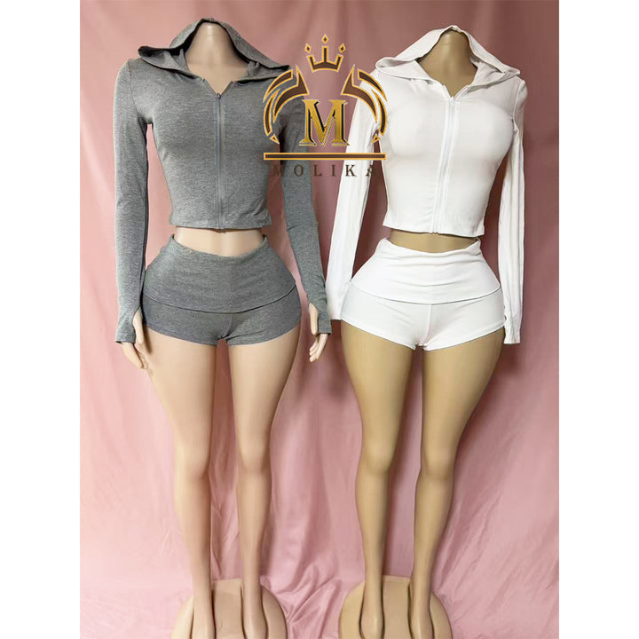 New Arrivals Women Outfits Ribbed Hooded Crop Jacket+Shorts 2 Piece Lady Y2k Two Piece Hooded Shorts Set Fall Women Clothing