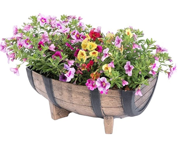 Style Garden Classic Home Garden Half Barrel Flower Pot Planter Antique Bronze Durable Plastic Painting Finish 41x30x18.5cm