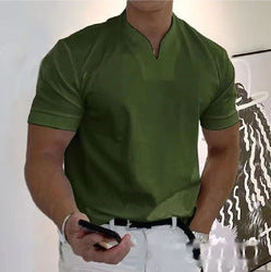 Muscular men's fitness plus-size sports t-shirt men's stretch cotton pocket short-sleeved summer V-neck Polo shirt