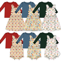 Newest fall sister clothing puffy sleeve knitted shirt scallop design dress bubble children wear girls kids clothes set
