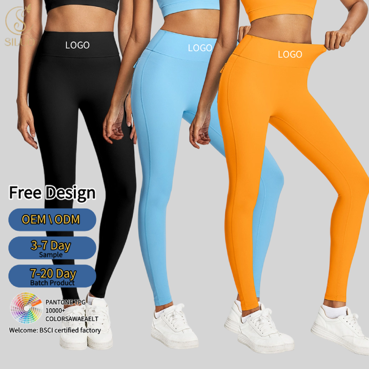 Custom Sportswear Eco-Friendly High Waist Yoga Pants Tummy Control Hip-lift Breathable Quick Dry Four-Way Stretch Solid Pocket