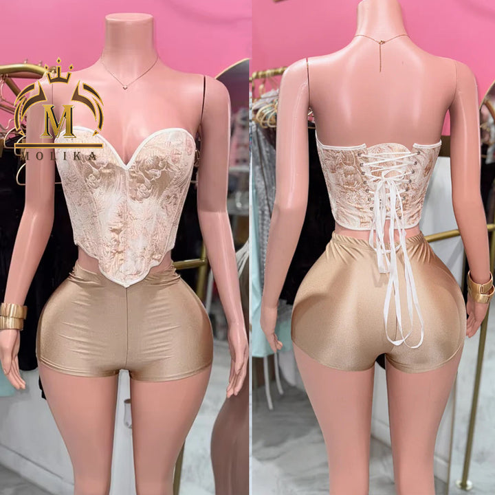 New Summer Women Shorts Set Print Corset Crop Top and Stain Shorts 2 Piece Set Y2k Corset Two Piece Set Women Clothing