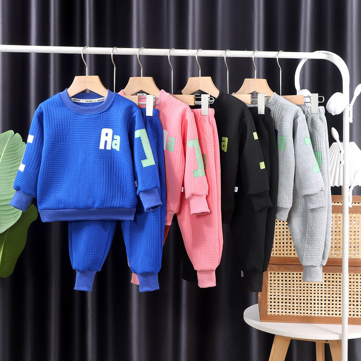 Wholesale Cheap Two-piece Autumn Winter New Round Neck Long Sleeves Kids Boys and Girls Sweatshirt Sweatpants Clothes Set