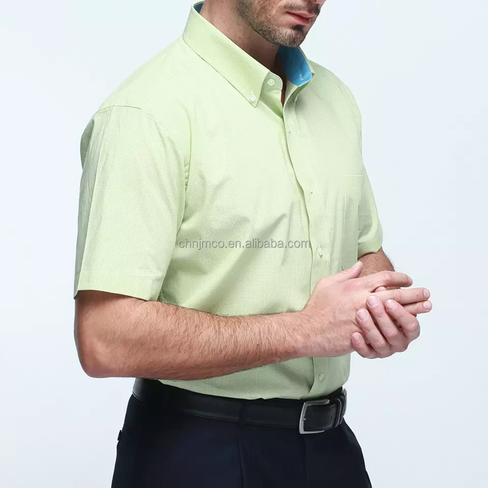 Sustainable 100% Cotton Green Checked Short Sleeve T-shirts Casual Mens Dress Shirts