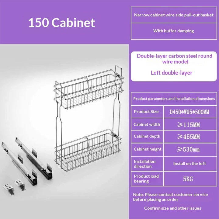 Kitchen Cabinet Drawer Side Pull Basket Base Cabinet Double Layer Pull Basket Storage Buffer Damping Slide Rail Seasoning Basket