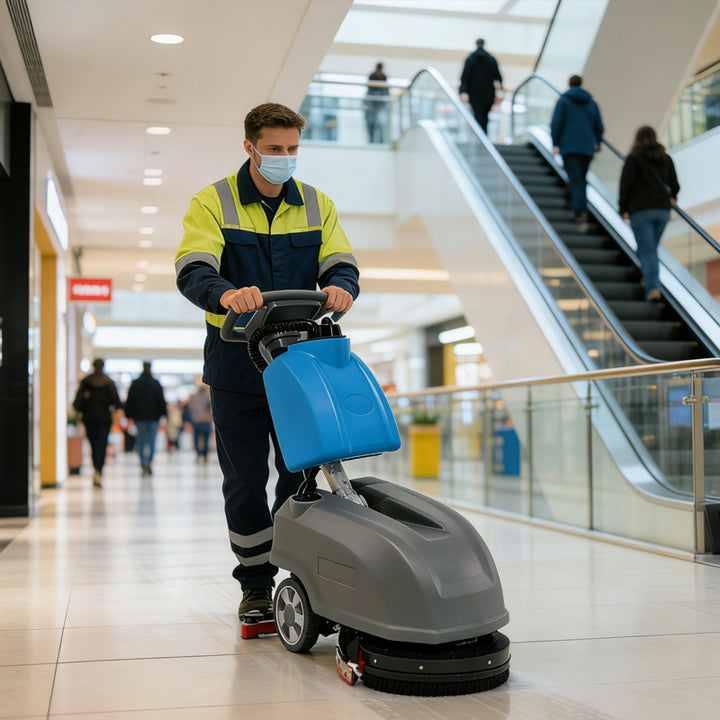 Ultra-Compact Walk-Behind Floor Scrubber 24V 15L Tank 330mm Width Battery Powered Cleaning Machine for Cafe Retail Shop