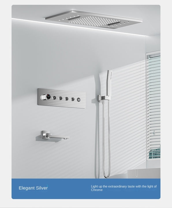 Thermostatic Bathroom Black Shower Set 4 Functions Rainfall Shower Head Led Ceiling Mounted Bath Shower Faucet System