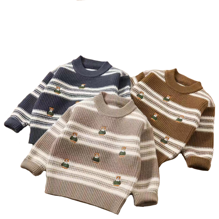 High Quality Warm Striped Baby Boy Sweaters with Bear Embroidery for Fall or Winter