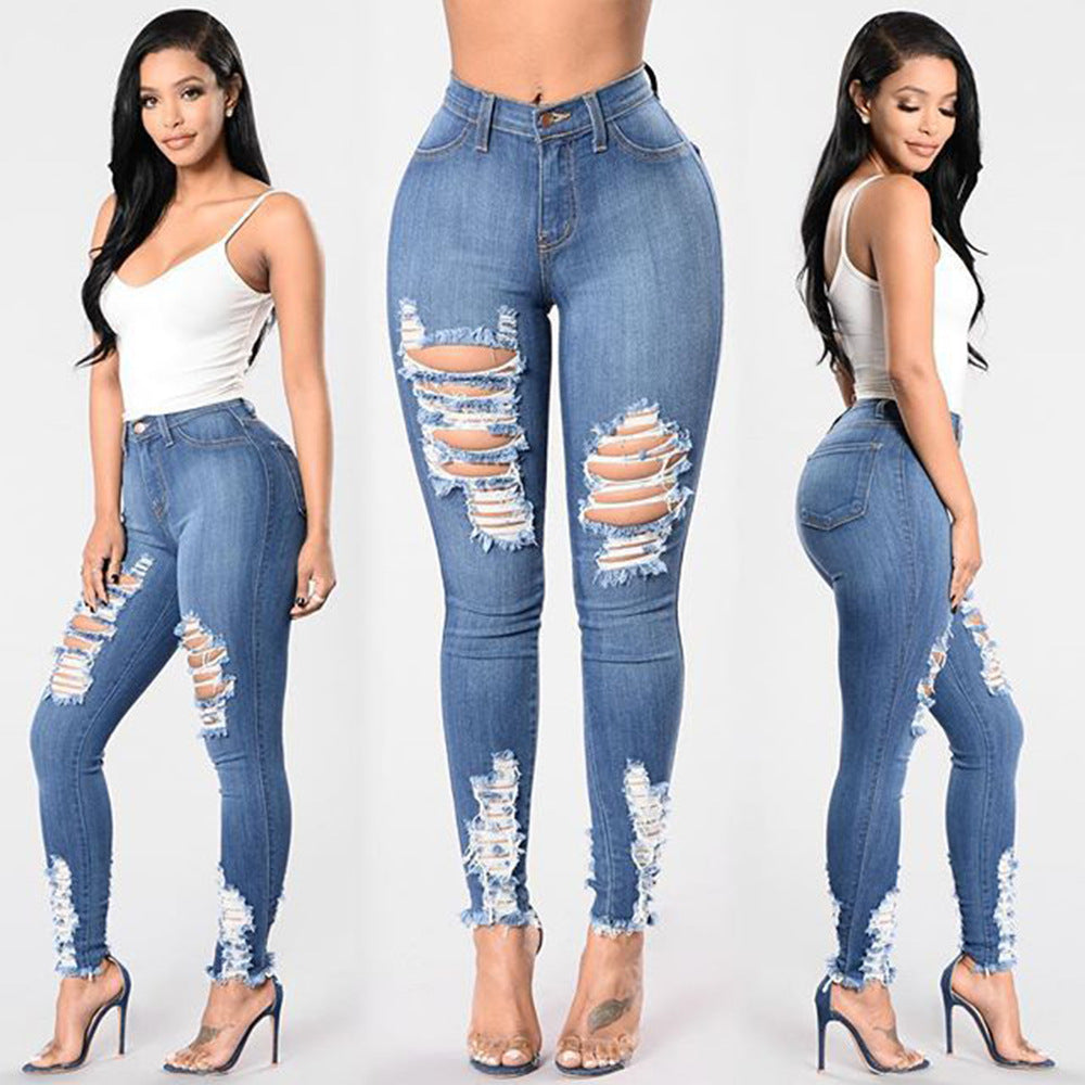 Plus size women's ripped elastic slim pants apparel women's clothing demin jeans trousers for women
