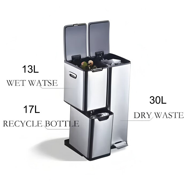 60L Triple 3 Compartment Stainless Recycling Bins with Pedal Press Button on Top Recycle Bin Eco-friendly Recycling Solution