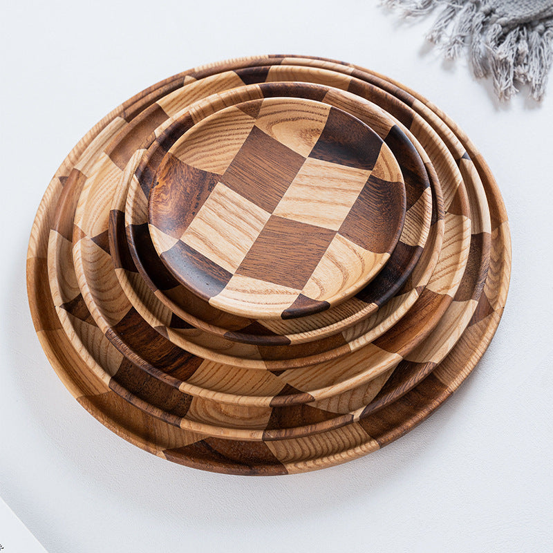 Fancy Design Natural Wooden Food Plates Serving Tray Round Fruit Snack Dessert Dishes Tableware