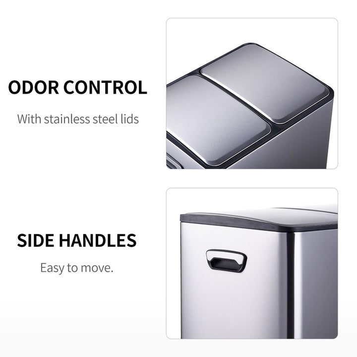 40L Rectangular Hands-Free Dual Compartment Recycling Kitchen Step Trash Can With Soft-Close Lid Brushed Stainless Steel