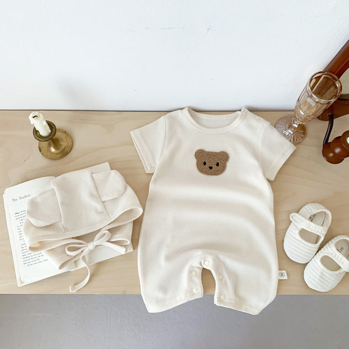 Cute Bear Waffle Newborn Baby Rompers Butt Wrap Baby Summer Rompers Short Sleeve Baby Clothes Set with Hat for Boys Girls