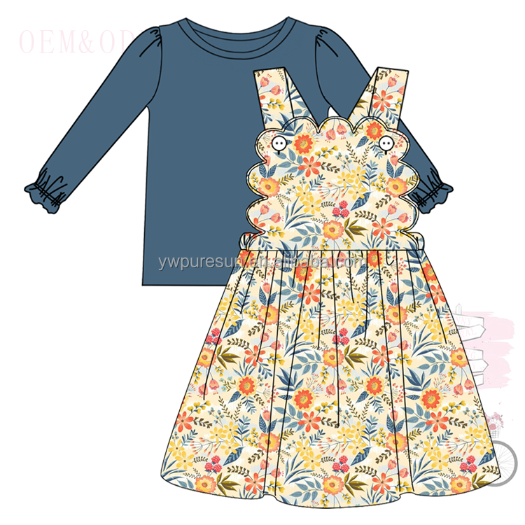 Newest fall sister clothing puffy sleeve knitted shirt scallop design dress bubble children wear girls kids clothes set
