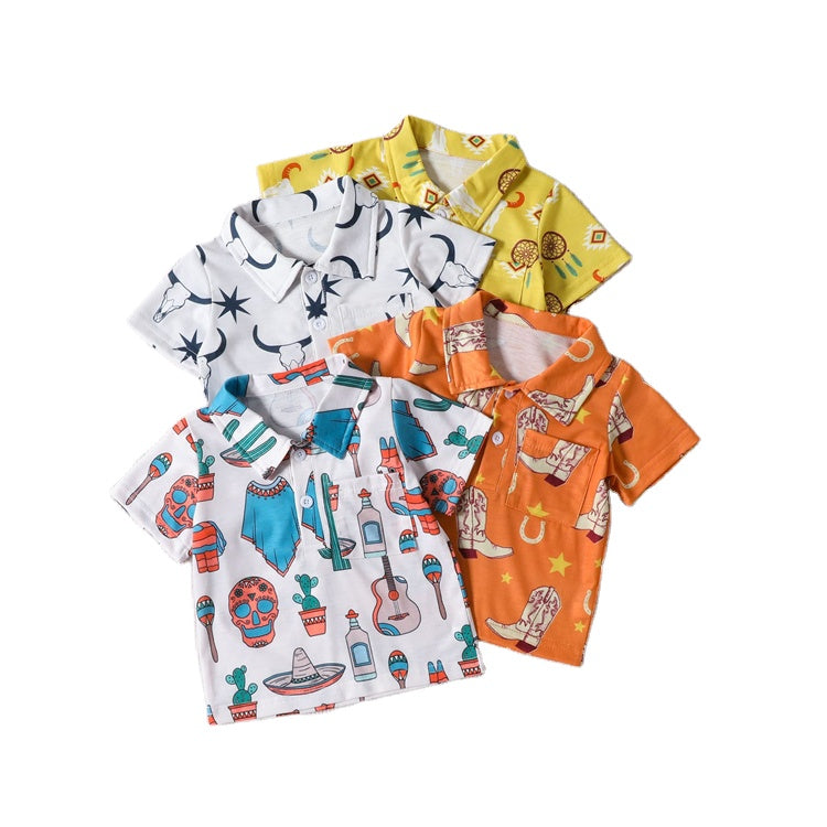 2023 New Fashion Polo T-Shirt for Boys Western Cowboy 1-6 Years Summer Kids Tops Baby Polo Kids Shirts