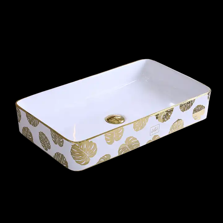 Modern Luxury Ceramic Glazed Hotel Use Commercial Grade Bathroom Hand Wash Basin Gold Trim Easy Clean Countertop Mounted Sink