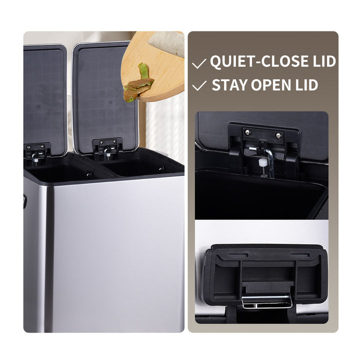 40L Rectangular Hands-Free Dual Compartment Recycling Kitchen Step Trash Can With Soft-Close Lid Brushed Stainless Steel