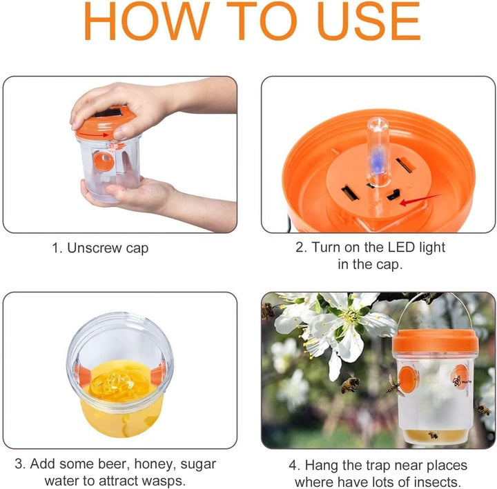 Solar Powered Bee Reusable Fly Traps Outdoor Hanging Wasp Killer with UV LED Light Flying Insects Bee Killer for Indoor Outdoor