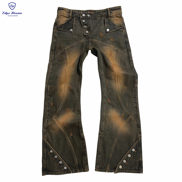 EDGE DENIM Custom jeans manufacturers design distress hole flare fit white blue flame flair jeans man Denim Men's Jeans Pants