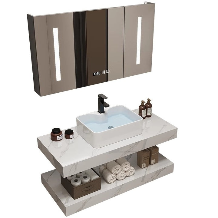 Modern Waterproof Floor Standing Marble Countertop Double-layer Ceramic Basin Intelligent LED Mirror Cabinet Bathroom
