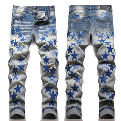 3323 New trendy 2023 y2k clothing denim jeans pants for men vintage blue star patches jeans men custom stacked ripped jeans
