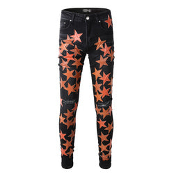 Dropshipping Ripped Distressed Leather Star Patch  Designer Mens denim Jeans