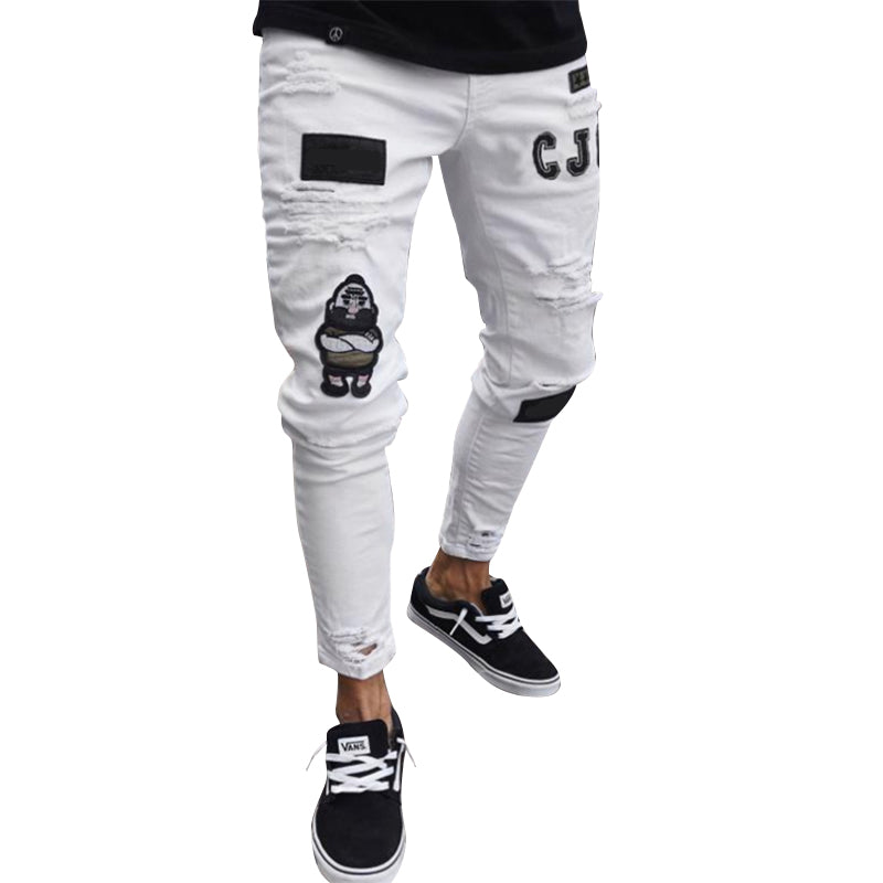 New Italy Style Men's Distressed Destroyed Badge Pants Art Patches Skinny Biker White Jeans Slim Trousers men denim jeans