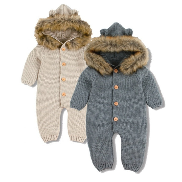 OEM Newborn Baby Winter Warm Overall Windproof Baby Romper with Fur Hood Button Closure for Solid Pattern Baby Overalls