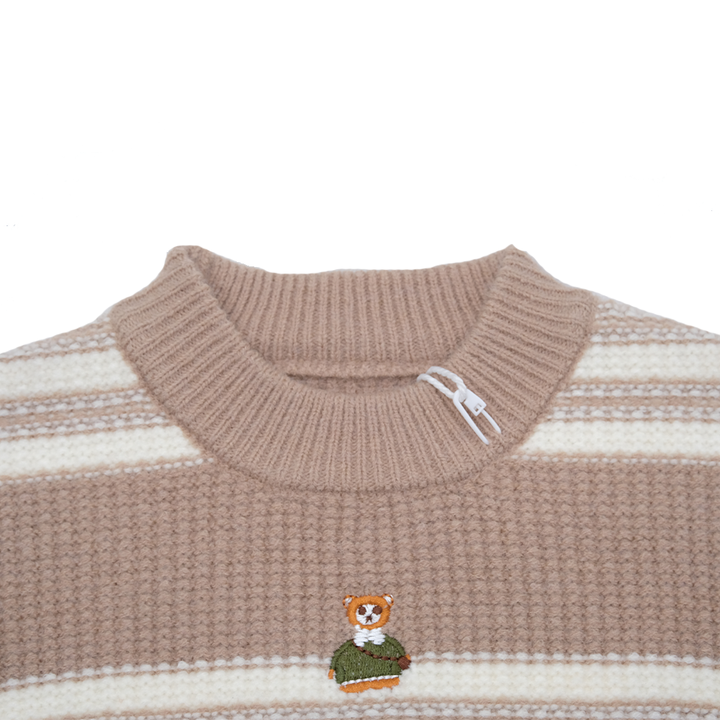 High Quality Warm Striped Baby Boy Sweaters with Bear Embroidery for Fall or Winter